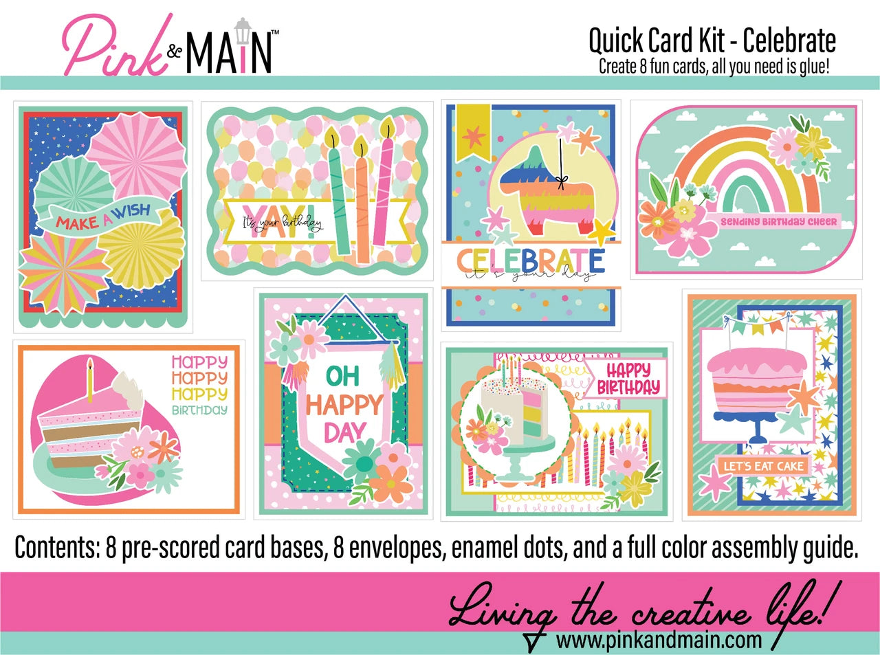Pink and Main Quick Card Kit Celebrate with colorful card designs and text.