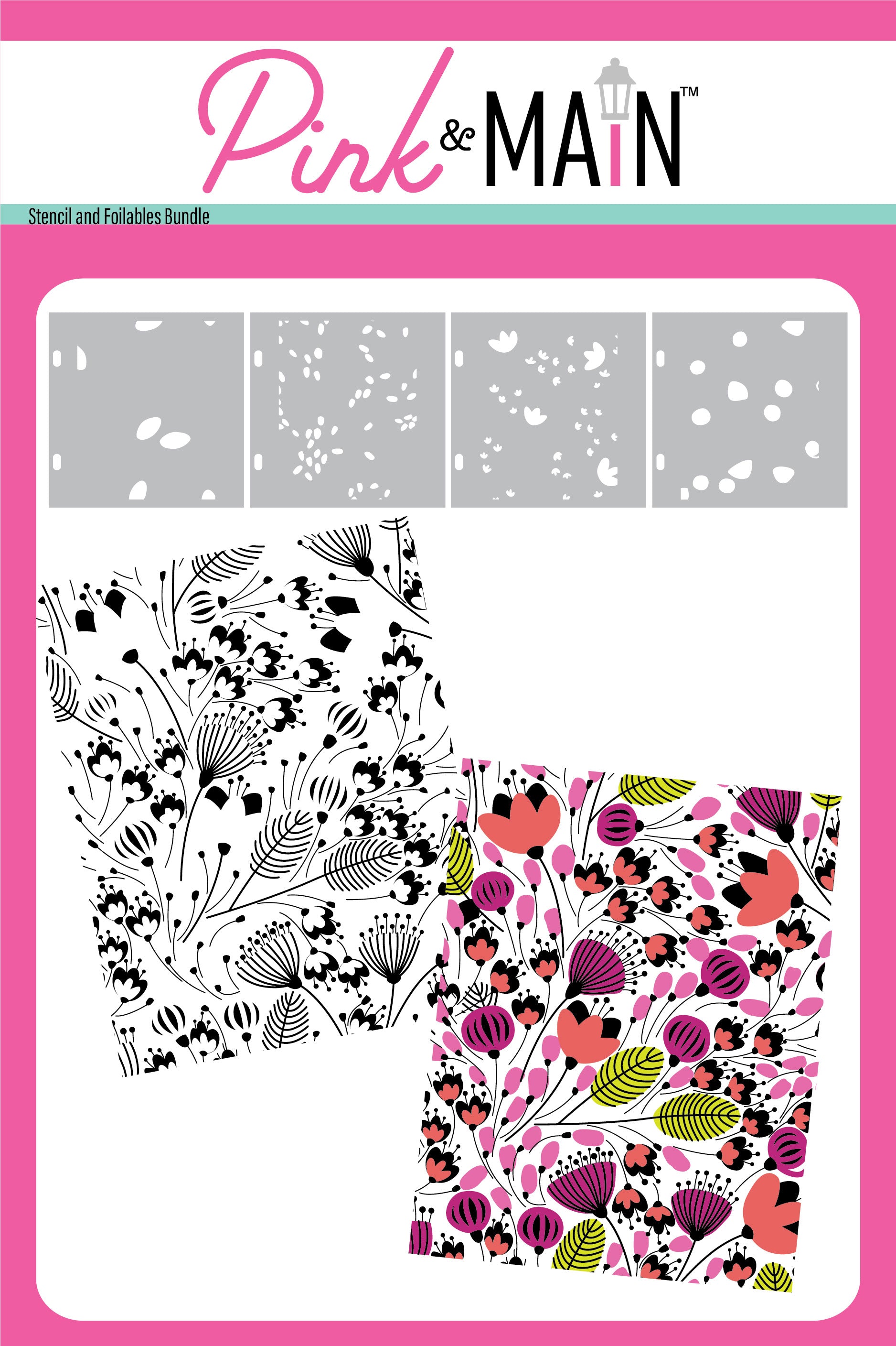 Pink & Main stencils and fabric swatches on a white background with pink border