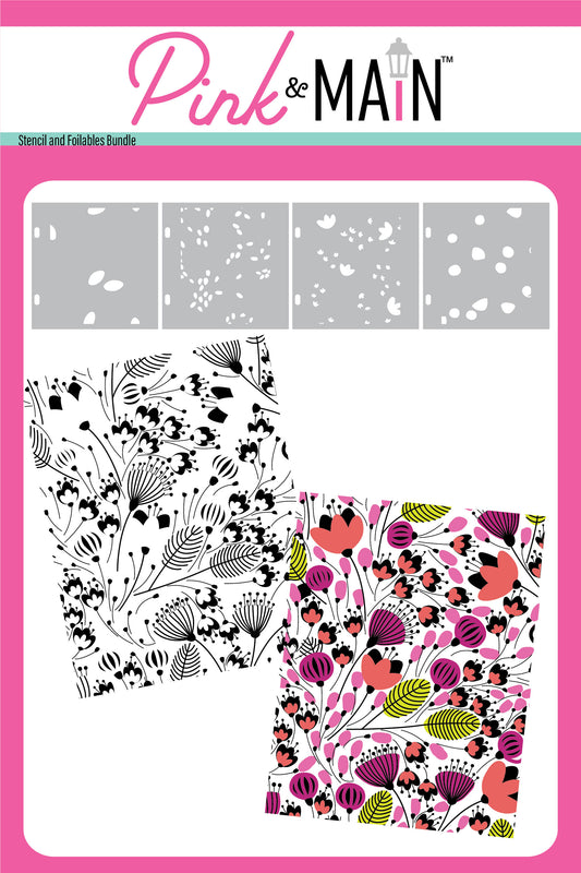Pink & Main stencils and fabric swatches on a white background with pink border