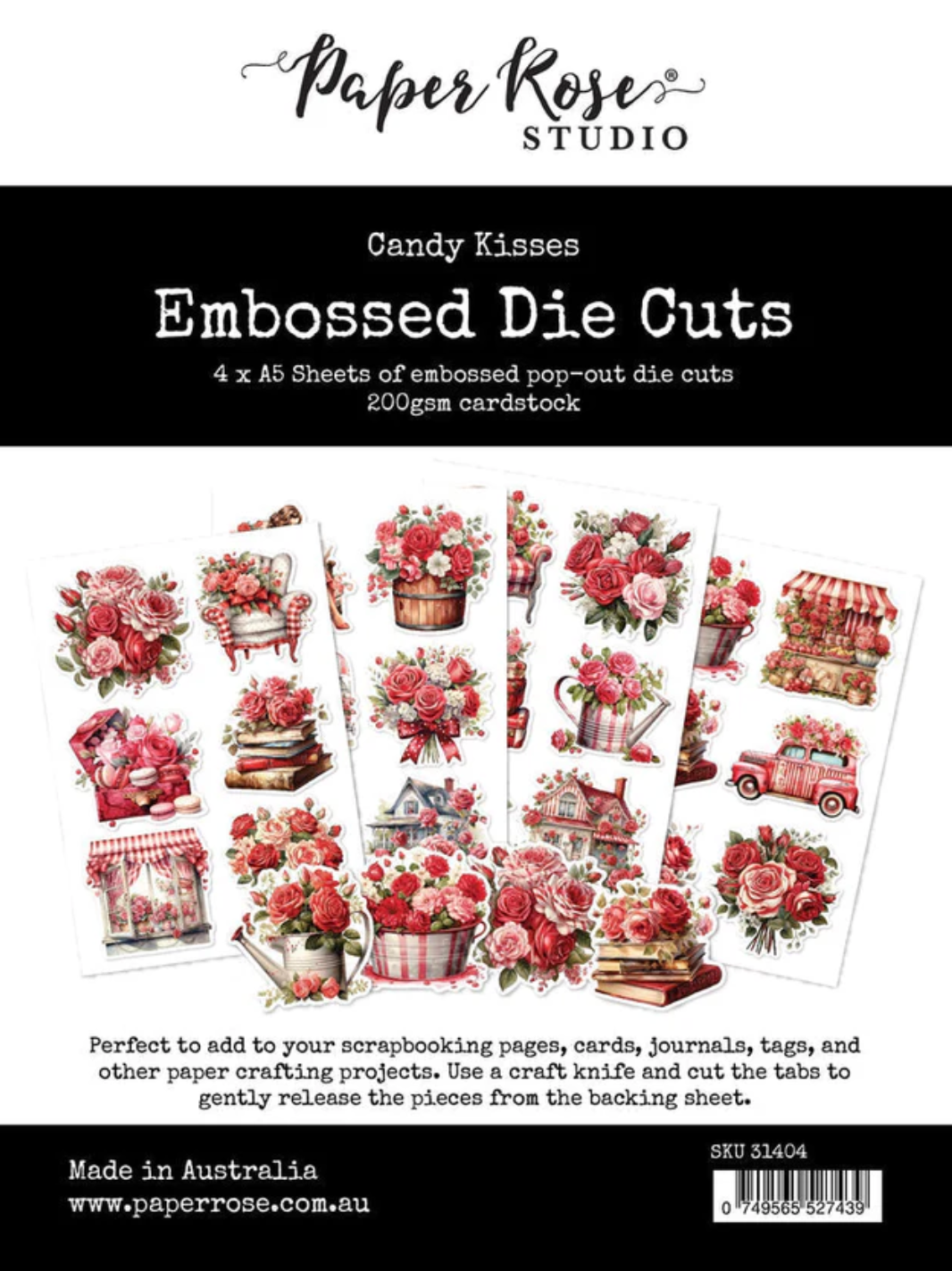 Packaging of Paper Rose Studio's Candy Kisses Embossed Die Cuts with floral and vintage designs.