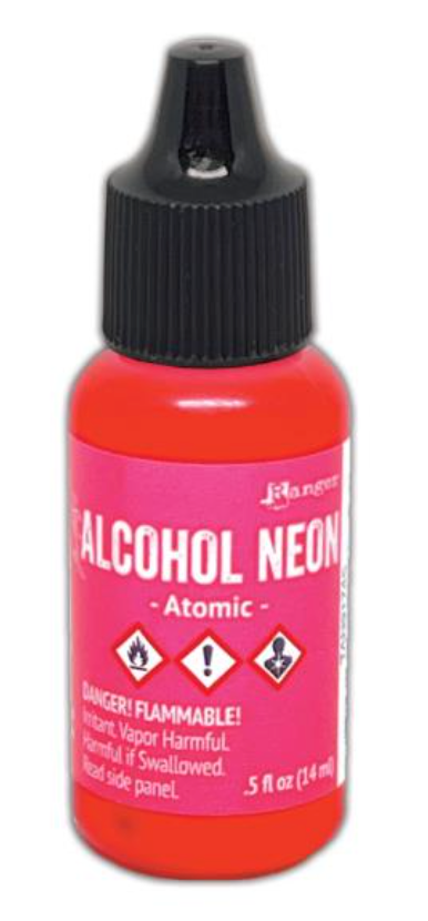 Bottle of alcohol neon paint with a black cap on a white background