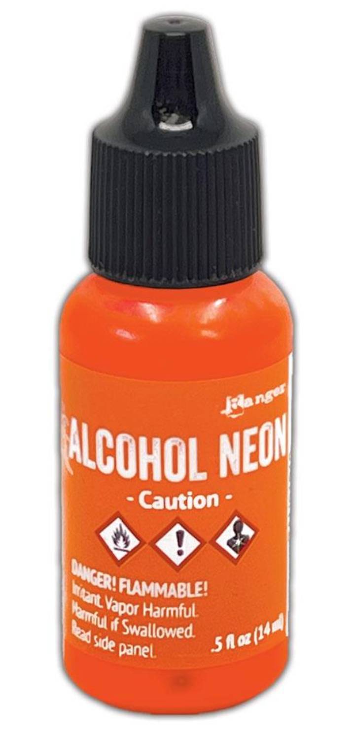 Orange bottle of alcohol neon with black cap on a white background