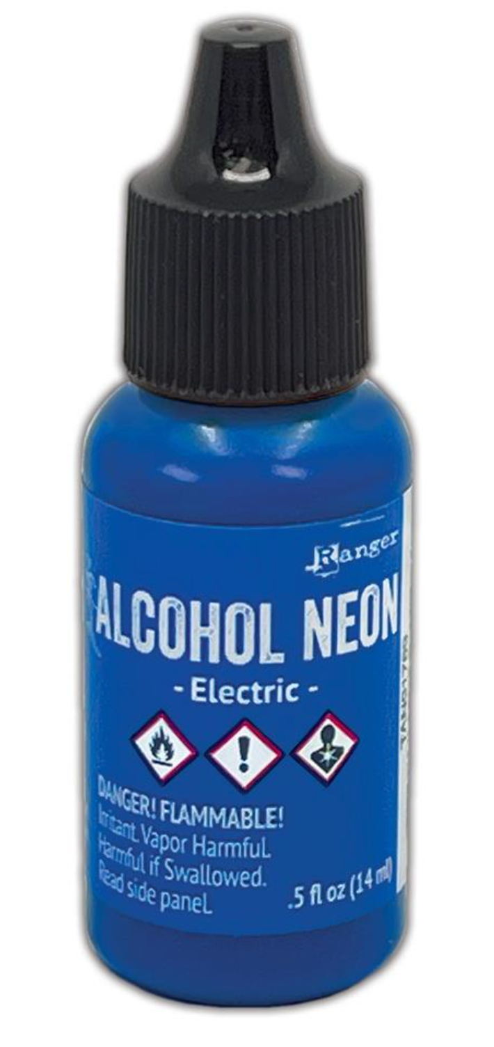 Blue bottle of Alcohol Neon with black cap on a white background