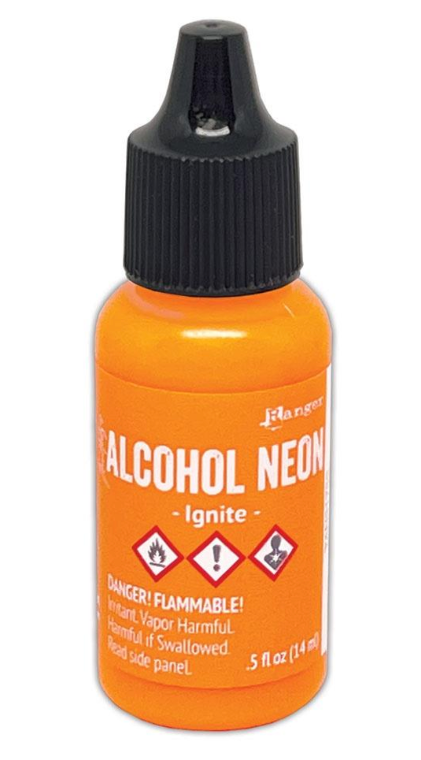 Orange bottle of alcohol neon with black cap on a white background