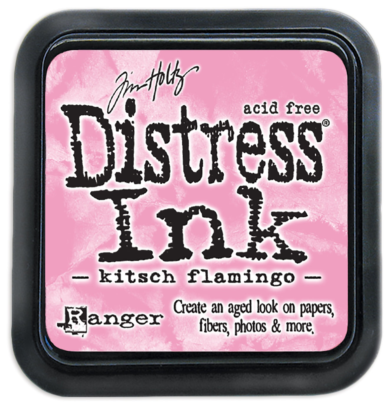 Tim Holtz Distress Ink Pad in kitsch Flamingo color with the brand and product name displayed on the label.