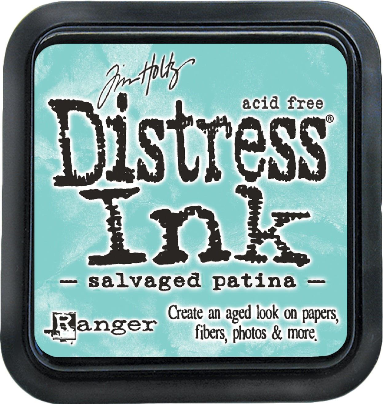 Tim Holtz Distress Ink Pad in salvaged Patina color with the brand and product name displayed on the label.