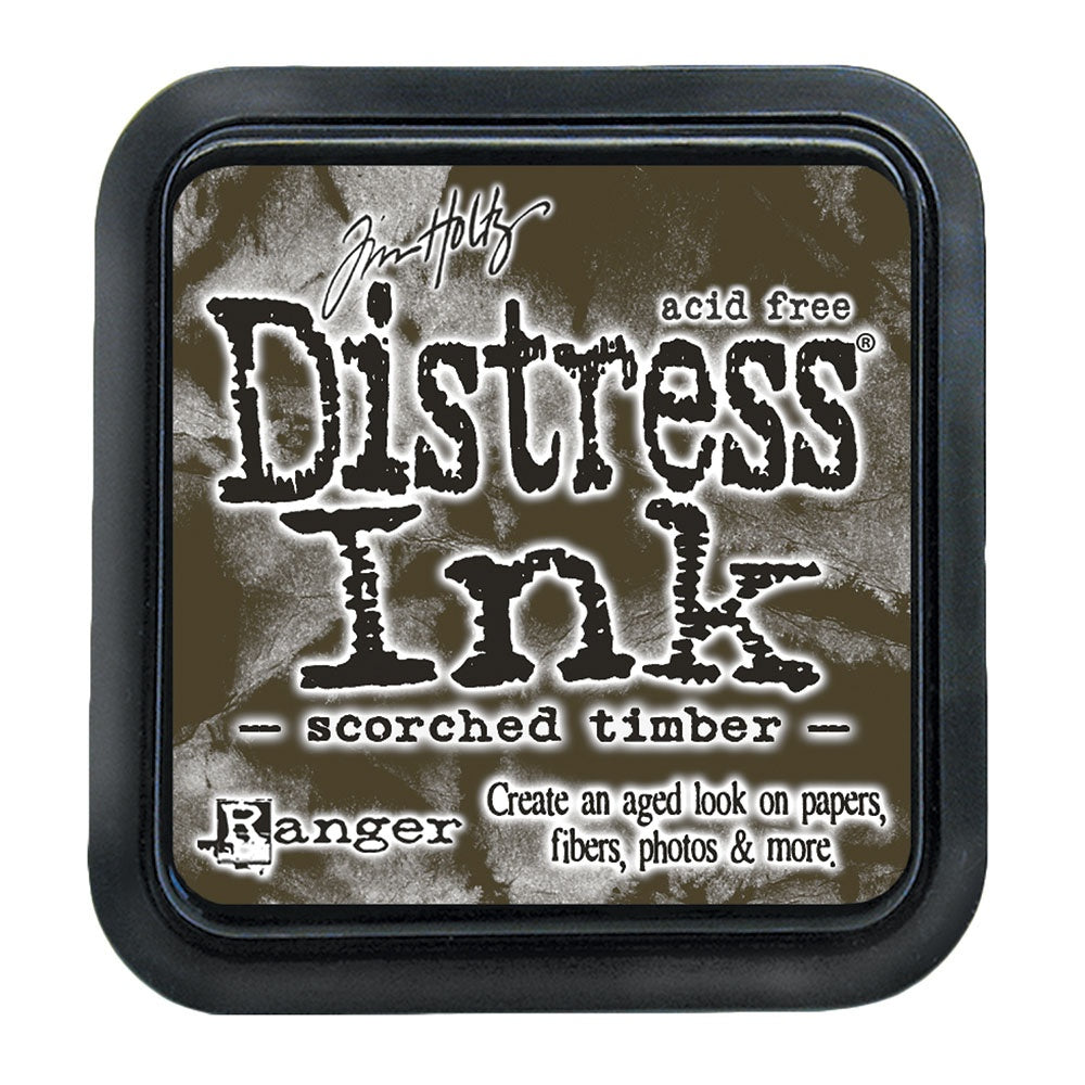 Tim Holtz Distress Ink Pad in scorched timber color with the brand and product name displayed on the label.