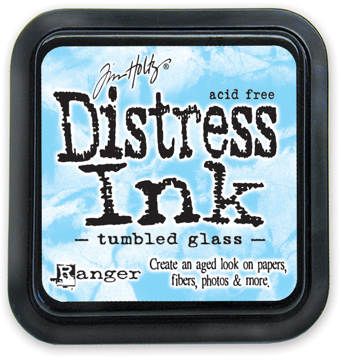 Tim Holtz Distress Ink Pad in tumbled glass color with the brand and product name displayed on the label.