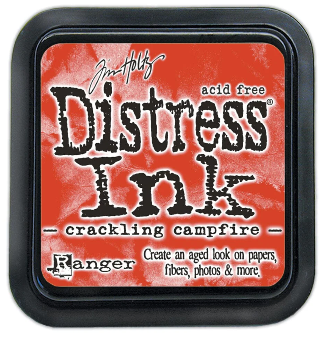 Tim Holtz Distress Ink pad for crackling campfire with red background and black text