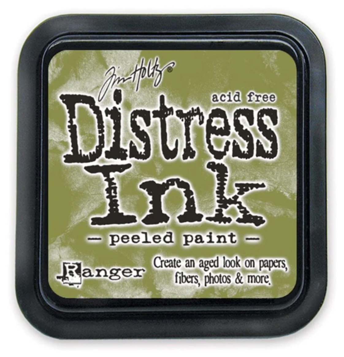 Distress Ink pad by Ranger with 'peeled paint' description on a white background