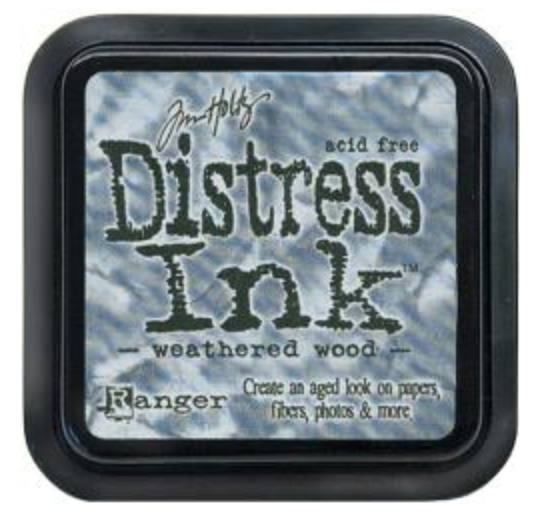 Distress Ink pad by Ranger with 'weathered wood' color on a white background