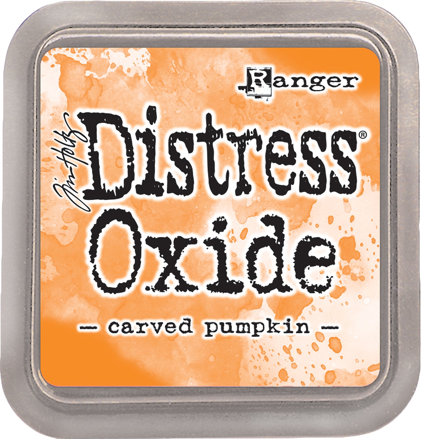 Tim Holtz Distress Oxides Ink Pad in carved pumpkin color, with a water-reactive and pigment ink fusion appearance.