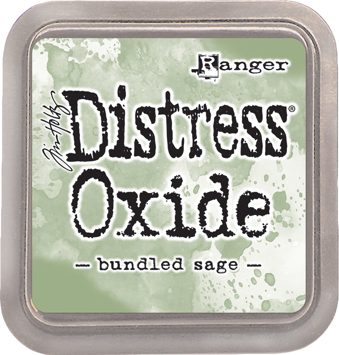 Tim Holtz Distress Oxides Ink Pad in bundled sage color, with a water-reactive and pigment ink fusion appearance.