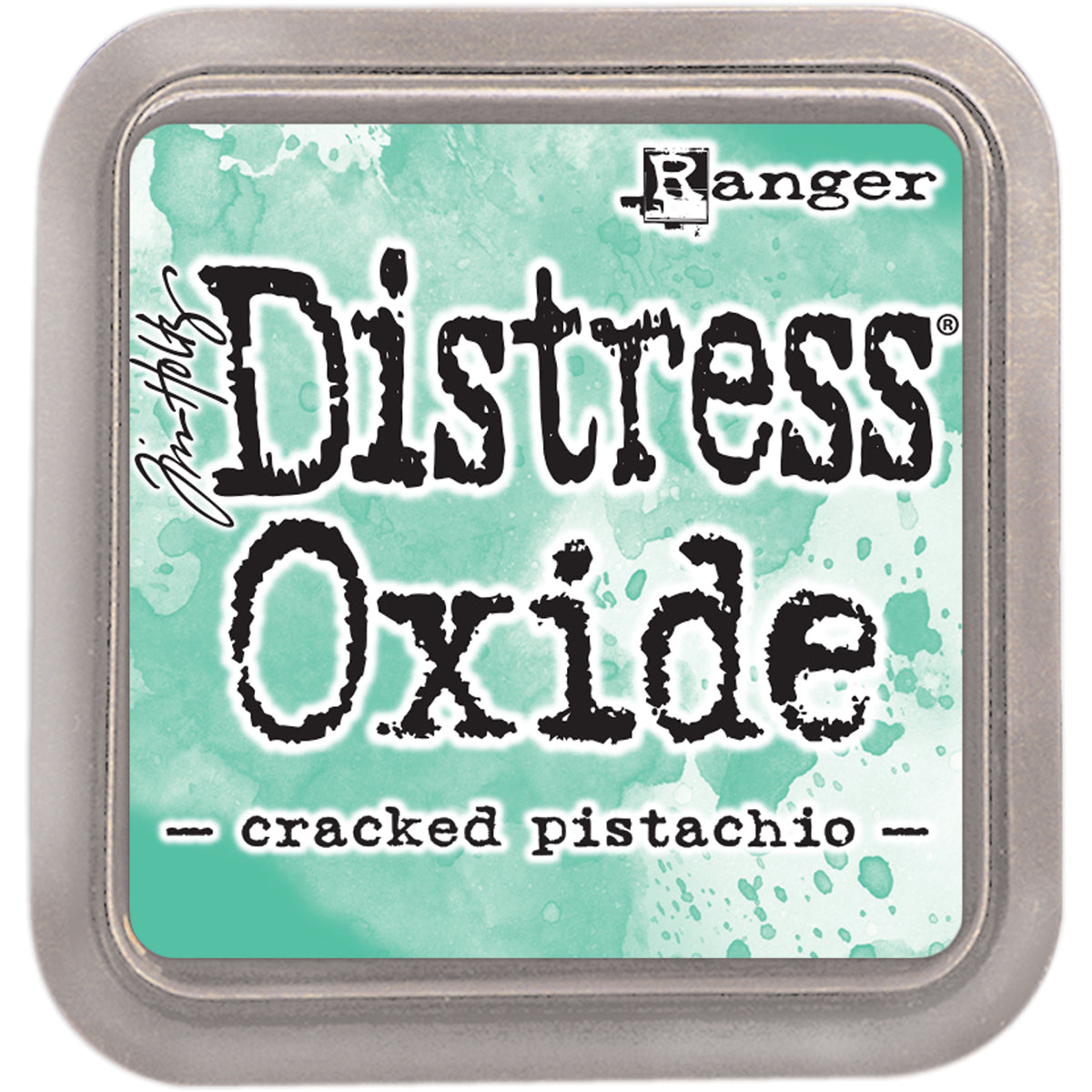 Tim Holtz Distress Oxides Ink Pad in cracked pistachio color, with a water-reactive and pigment ink fusion appearance.