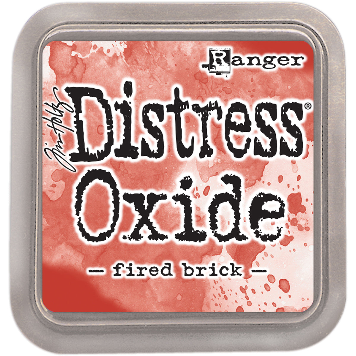Tim Holtz Distress Oxides Ink Pad in fired brick color, with a water-reactive and pigment ink fusion appearance.