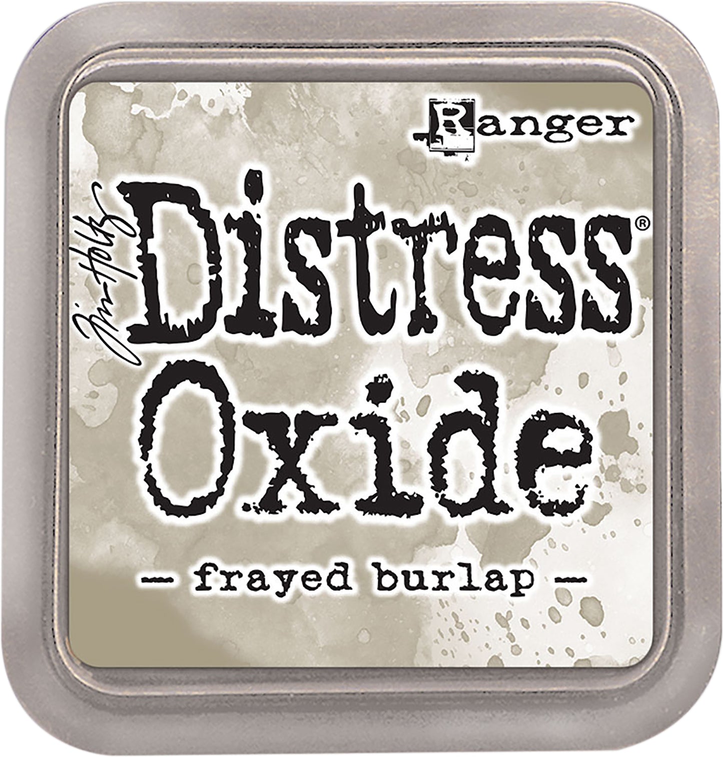 Tim Holtz Distress Oxides Ink Pad in frayed burlap color, with a water-reactive and pigment ink fusion appearance.