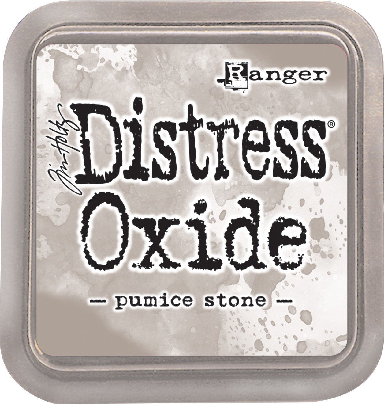 Tim Holtz Distress Oxides Ink Pad in pumice stone color, with a water-reactive and pigment ink fusion appearance.