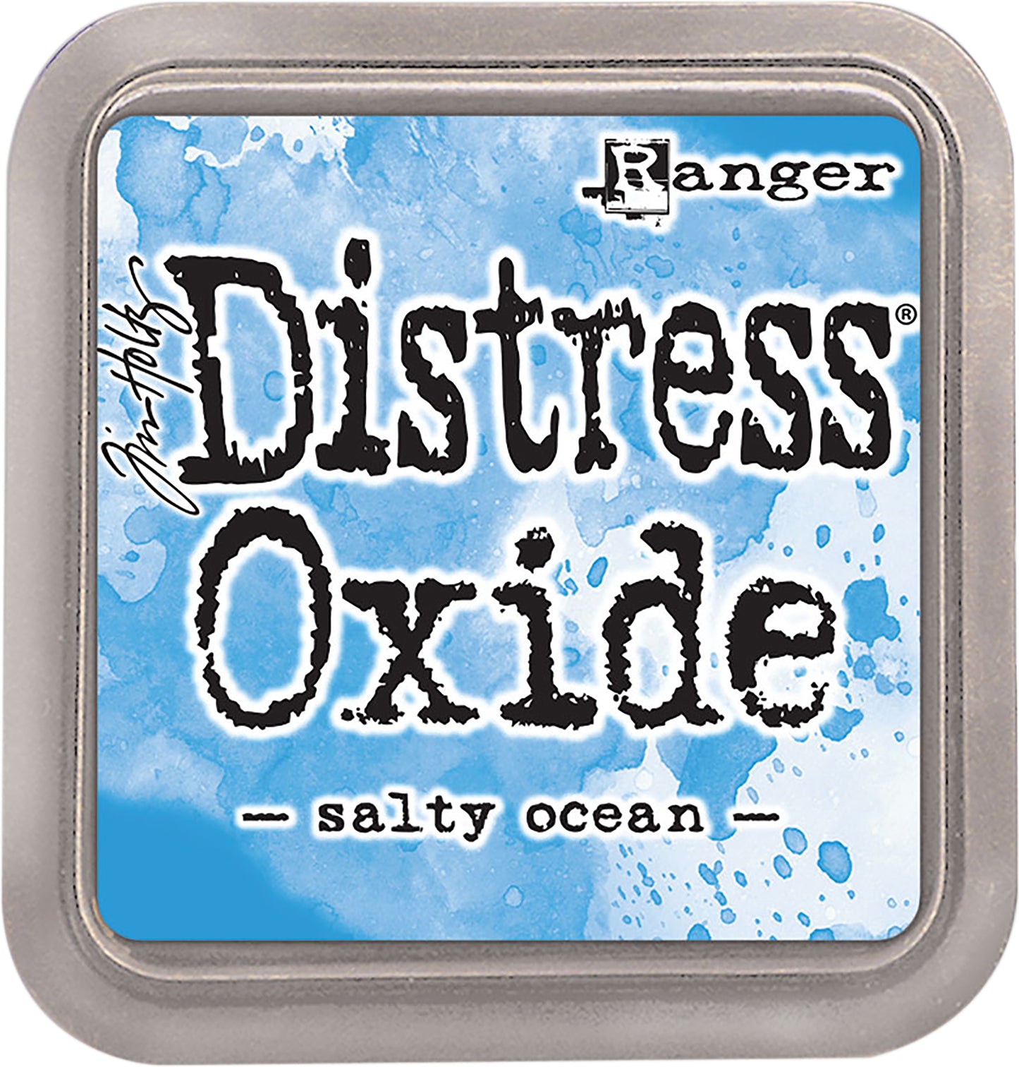 Tim Holtz Distress Oxides Ink Pad in salty ocean color, with a water-reactive and pigment ink fusion appearance.