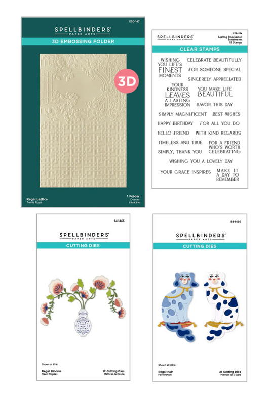 Spellbinders craft supplies including embossing folder, clear stamps, and cutting dies on a white background.