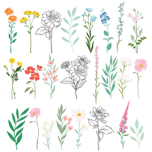 Collection of various floral illustration stickers on a white background
