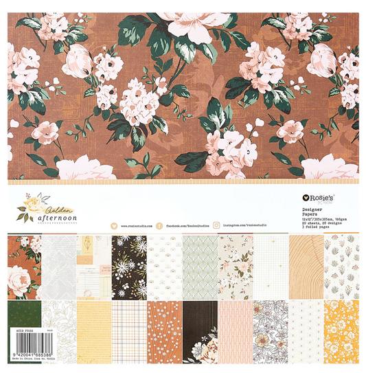 Floral patterned paper pack with a grid of sample designs on a brown background