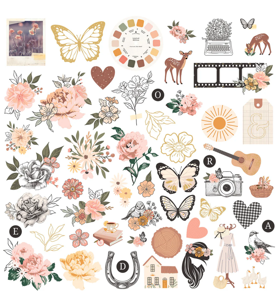 Collection of decorative stickers with flowers, butterflies, and other elements on a white background.