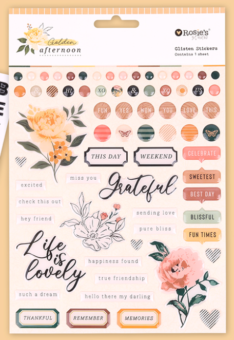 Packaging of Rosie's Studio sticker sheet with floral and text designs.