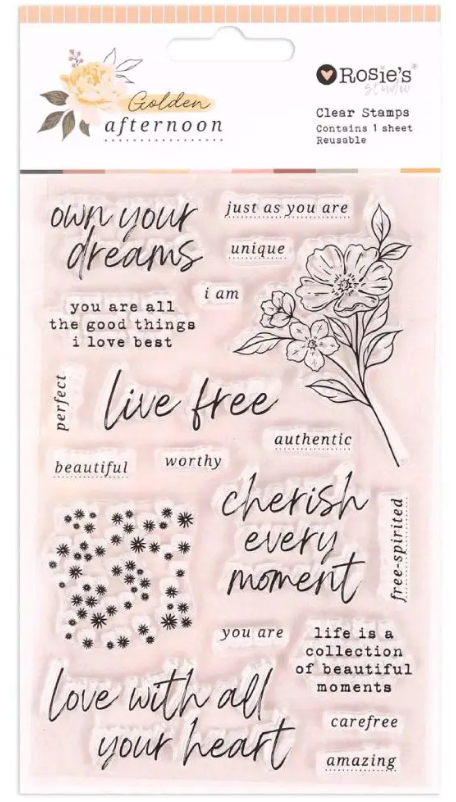 Clear stamp set with motivational phrases and floral design on a pink background