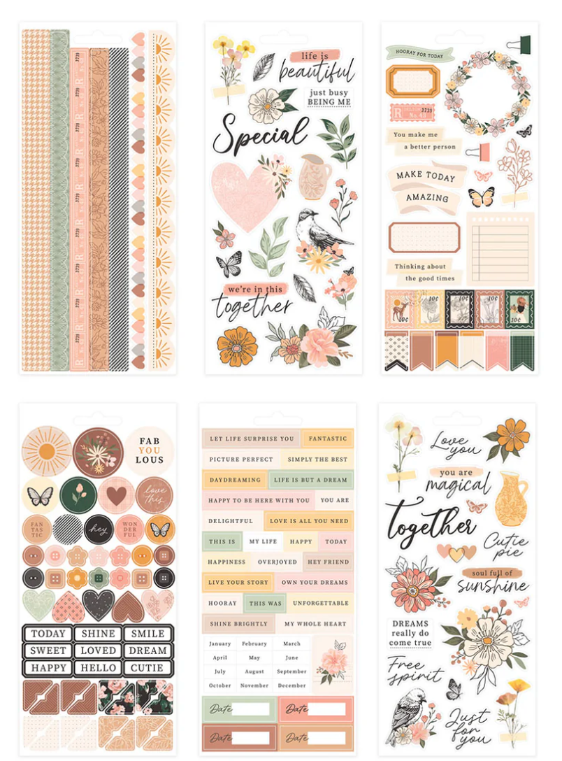 Collection of decorative stickers with floral, text, and pattern designs on a white background.