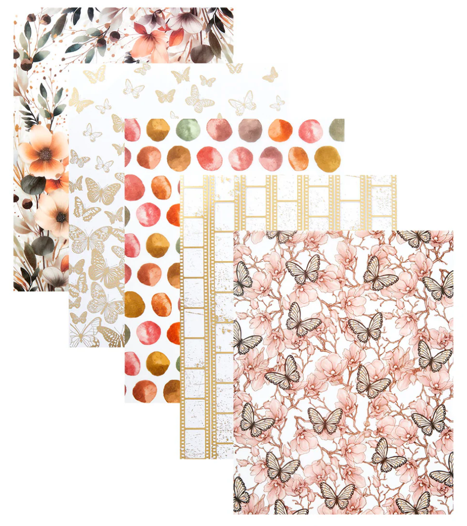 Set of decorative paper sheets with floral, butterfly, and polka dot patterns.