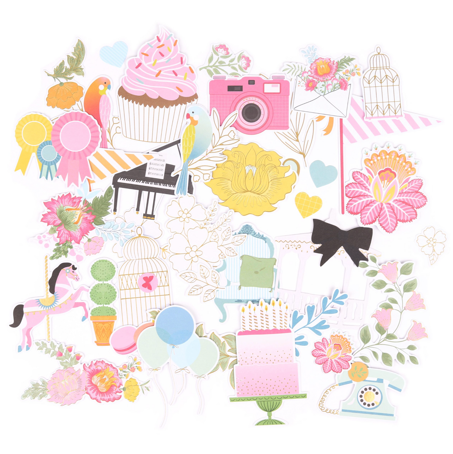 Rosies Studio Die Cut Jubilee Ephemera of  foiled  camera cupcake floral and phone pieces individual