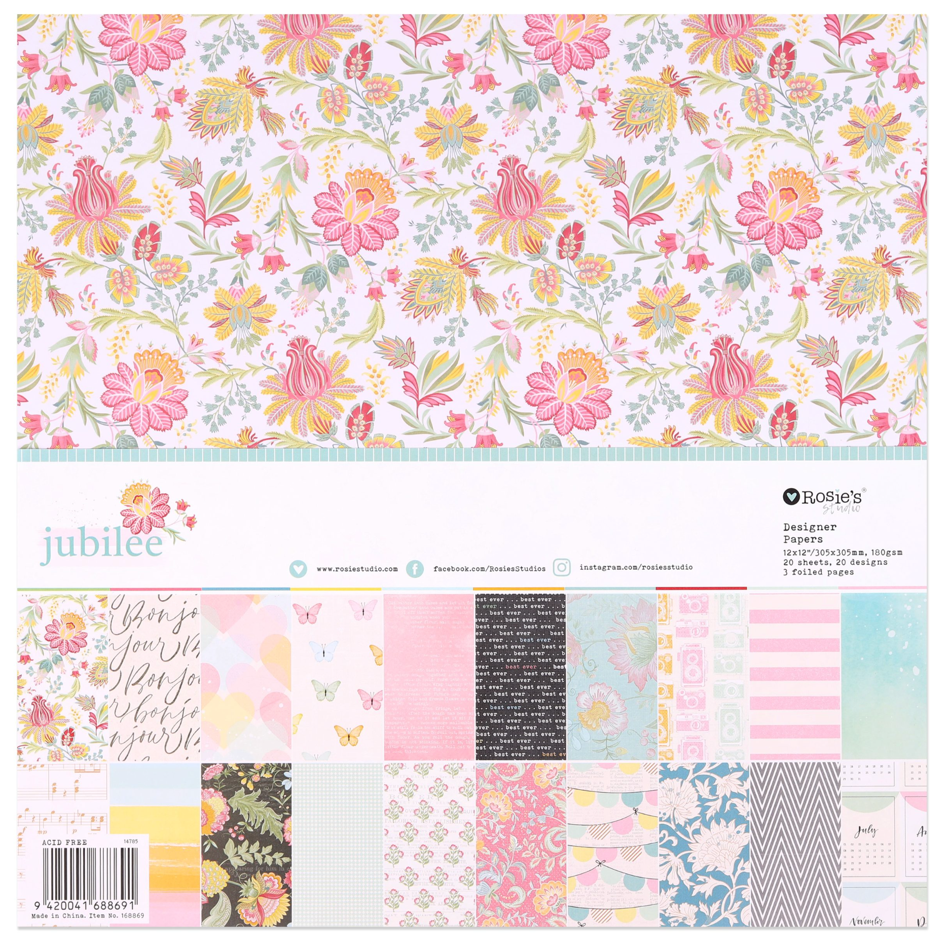 Collection of floral and patterned paper sheets with 'Rosie's' branding on a white background.
