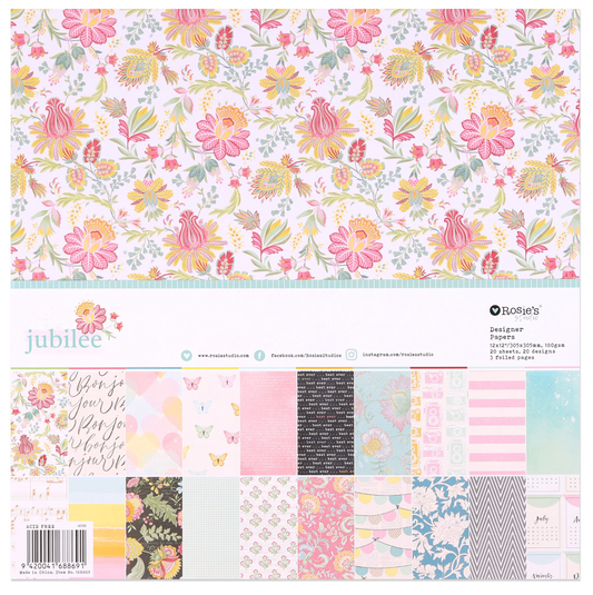 Collection of floral and patterned paper sheets with 'Rosie's' branding on a white background.