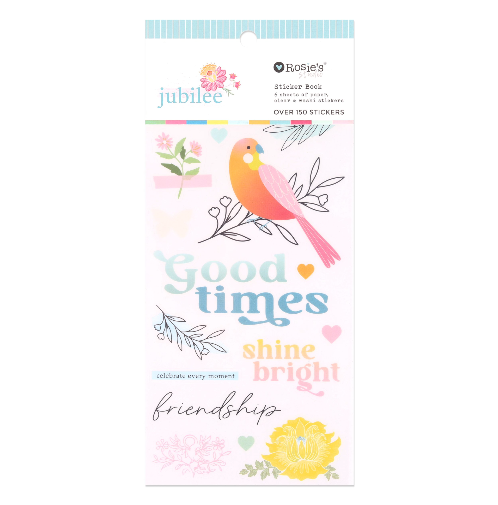 Packaging of Rosie's Sticker Book with decorative elements and text on a white background