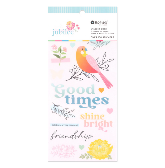 Packaging of Rosie's Sticker Book with decorative elements and text on a white background