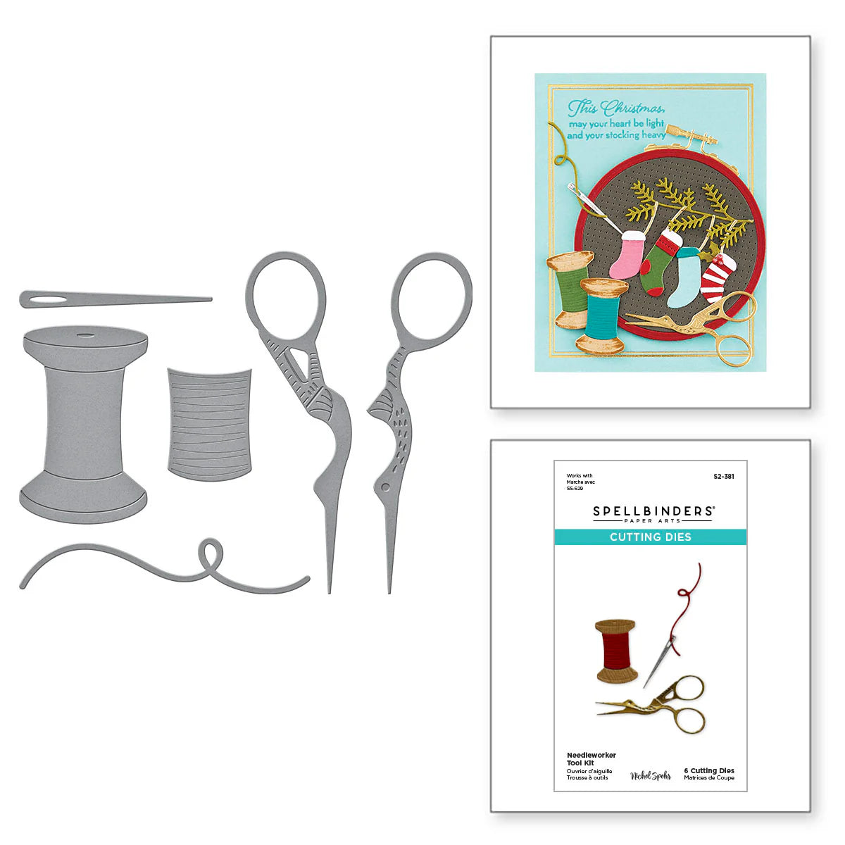 Sewing and embroidery dies kit shown with gray metal die-cut shapes and two printed package inserts on a white background. The top-right insert shows a festive Christmas embroidery design, and the bottom-right insert shows the Spellbinders Cutting Dies package.