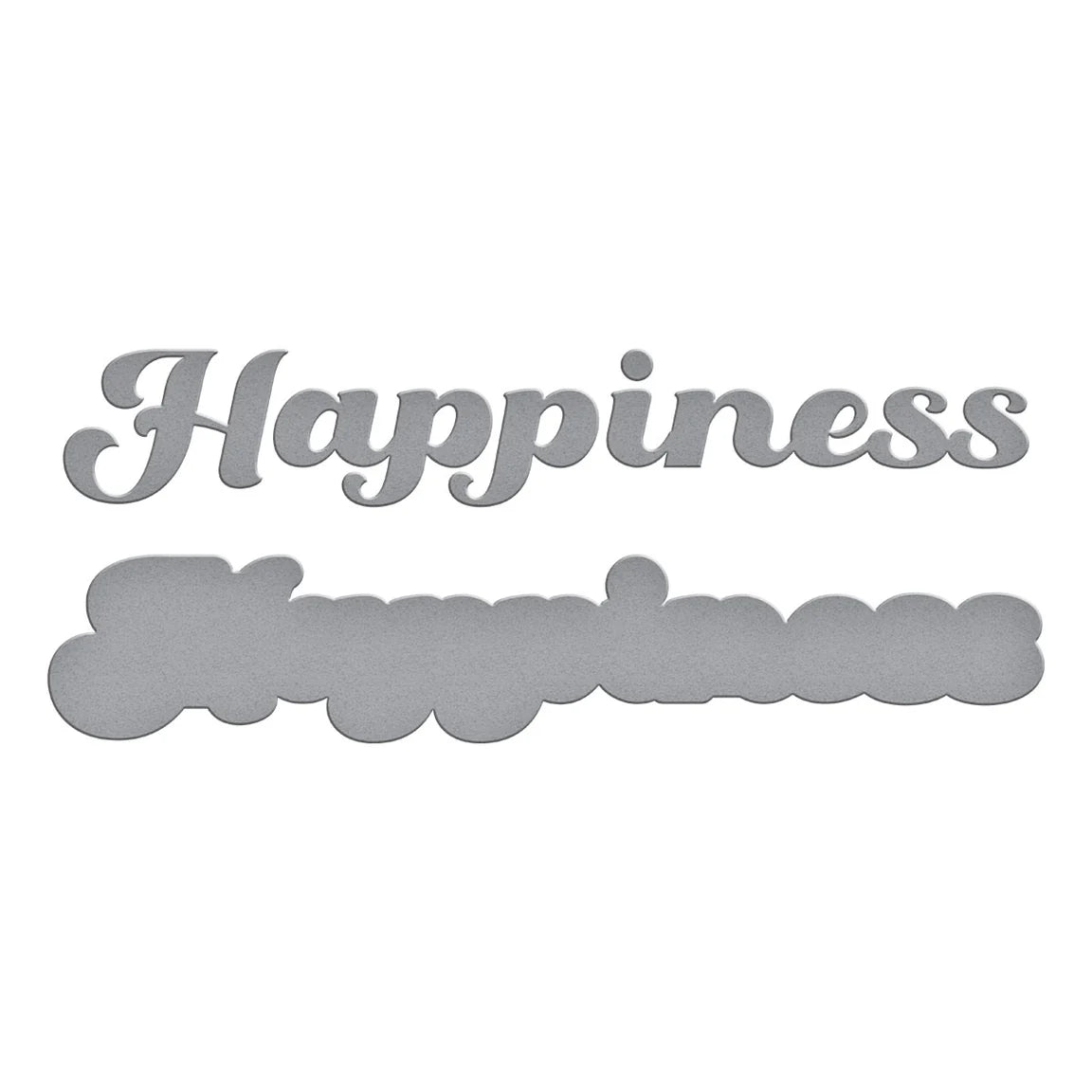 Metallic 'Happiness' word art on a white background
