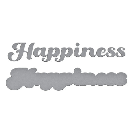 Metallic 'Happiness' word art on a white background
