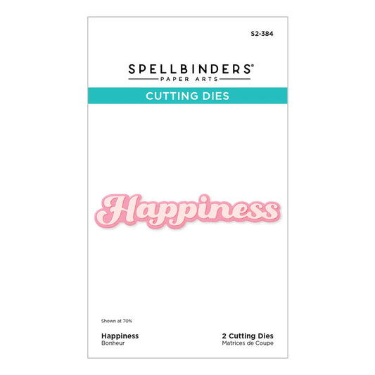 Spellbinders cutting dies packaging with 'Happiness' text on a white background