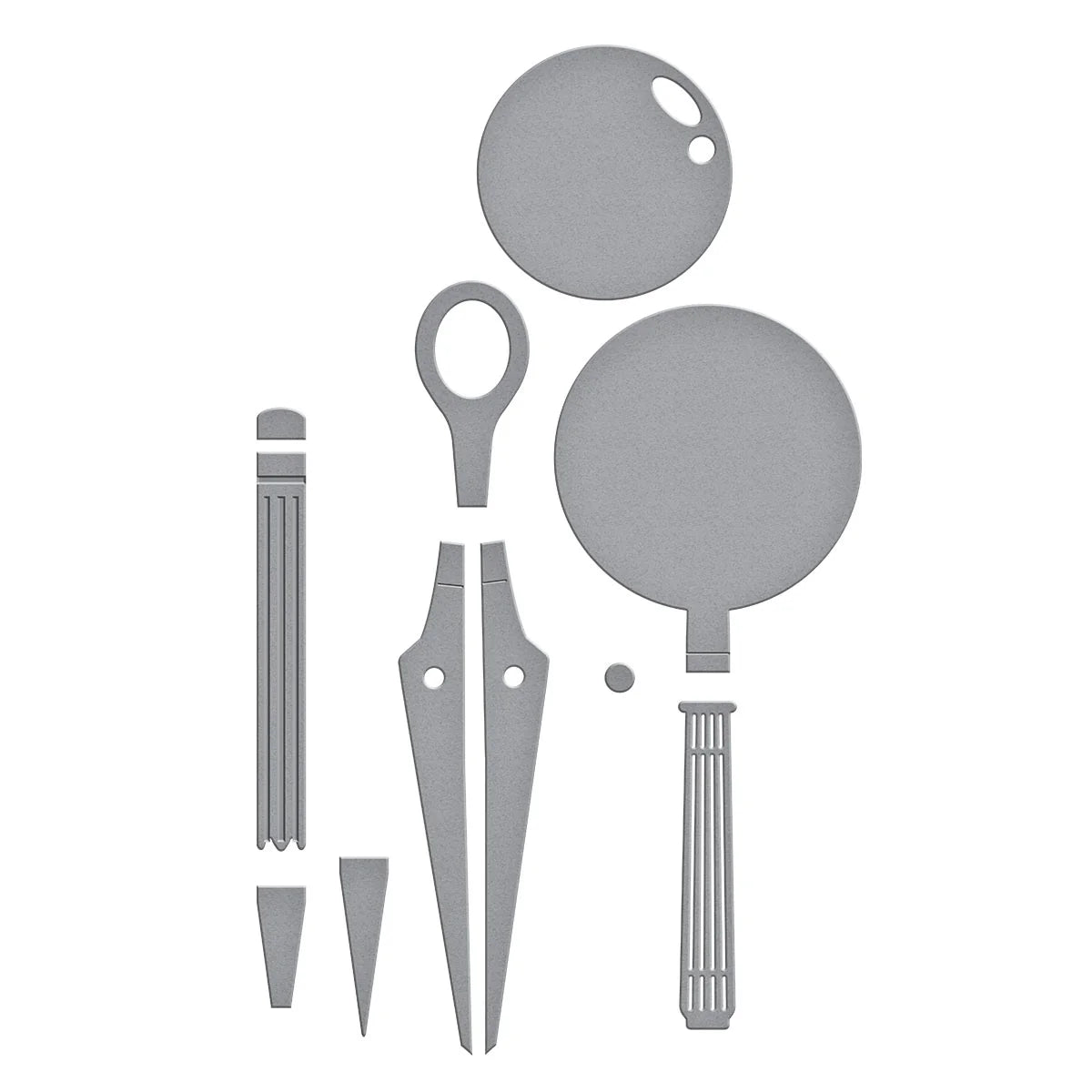 A set of gray metal golf club shaping dies or templates arranged on a plain white background, including circular, oval, and pointed metal pieces with cutout details.