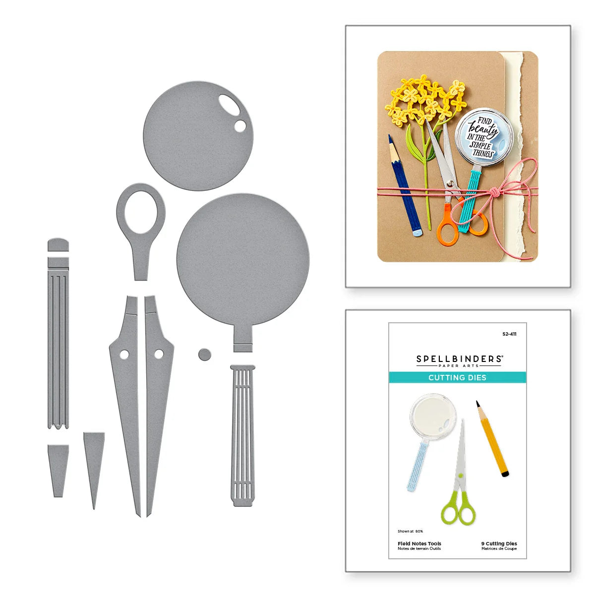 Set of Spellbinders cutting dies with packaging and示例项目