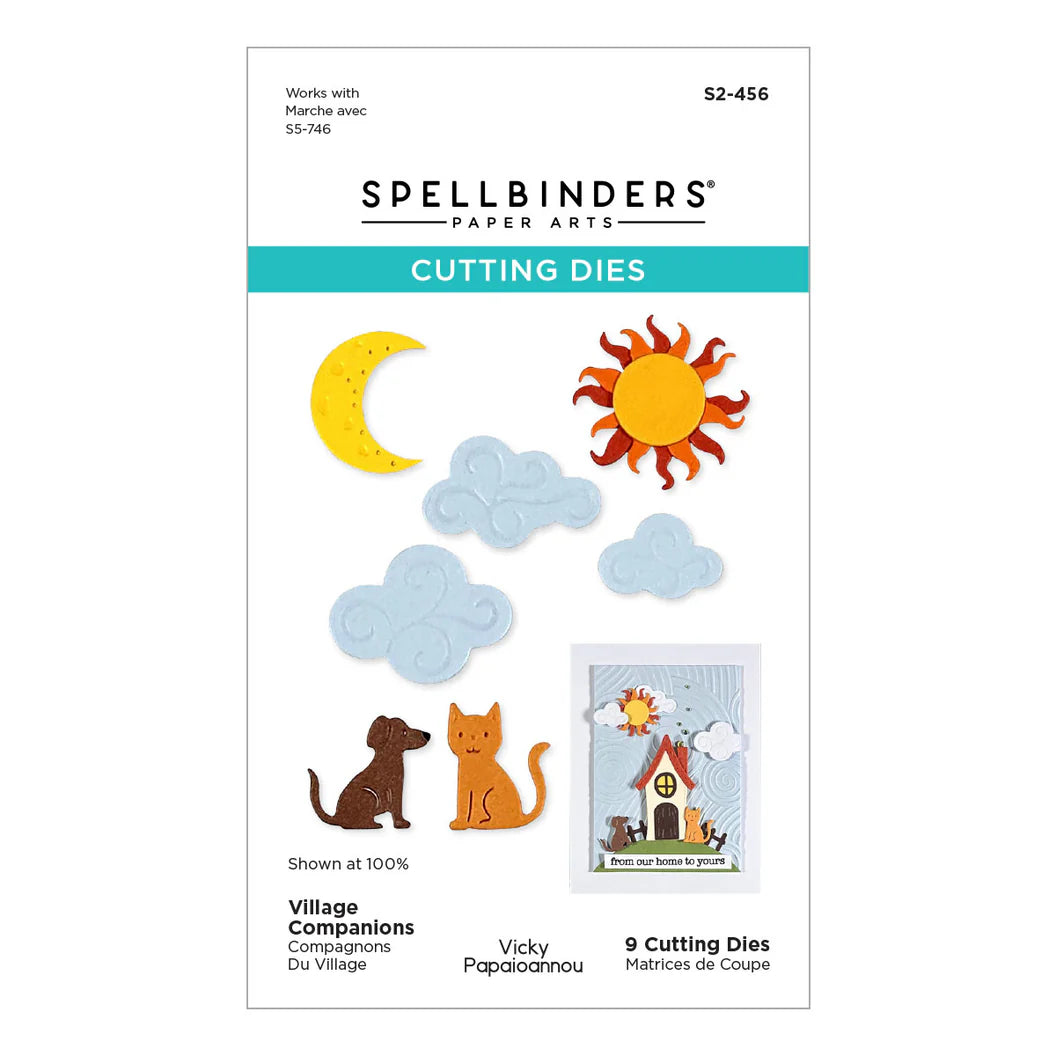 Spellbinders paper arts cutting dies packaging with sun, moon, clouds, and animals on a white background.