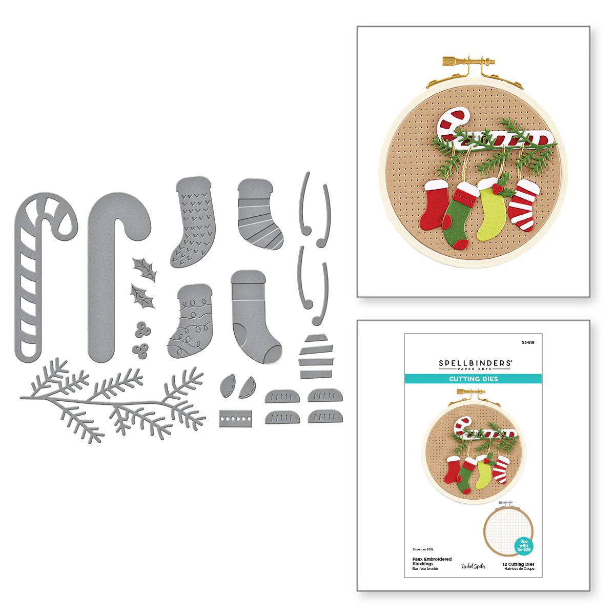 Spellbinders Christmas Stocking and Candy Cane Embroidery Kit shown with flat lay of gray metal cutting dies, a finished sample embroidery hoop design, and the retail package on a white background.