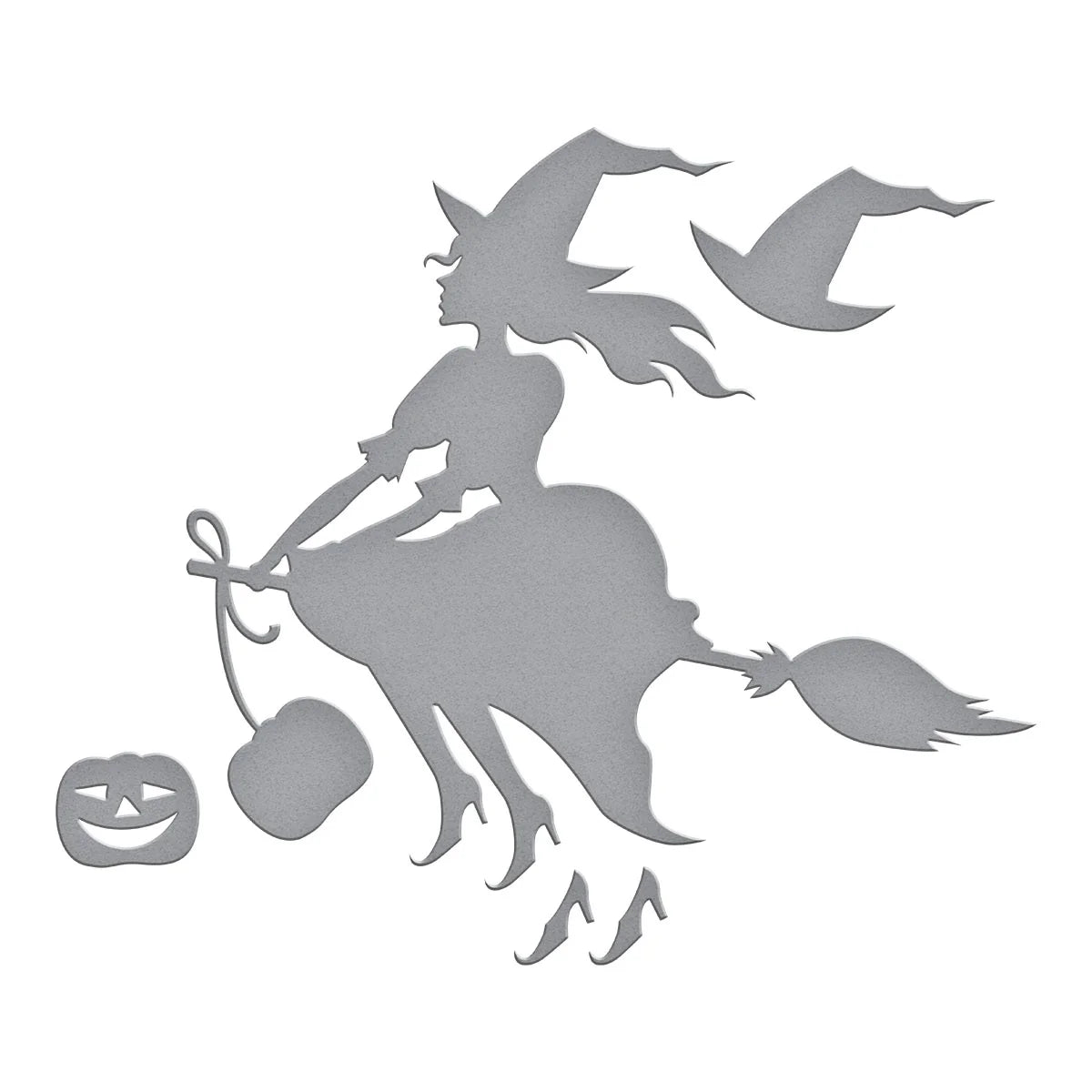 Silhouette of a witch flying on a broom with a pumpkin below on a white background
