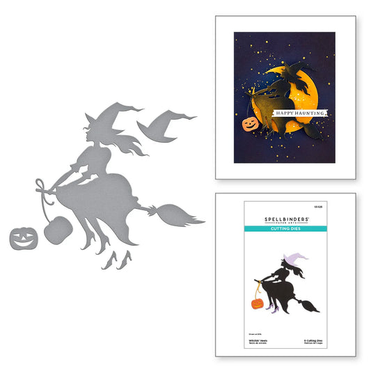 Halloween-themed die set showing a gray wafer thin cutting template of a witch on a broomstick with a pumpkin, alongside two finished card designs: one reading 'Happy Haunting' and one from Spellbinders 'Cutting Edge' featuring the same witch illustration.