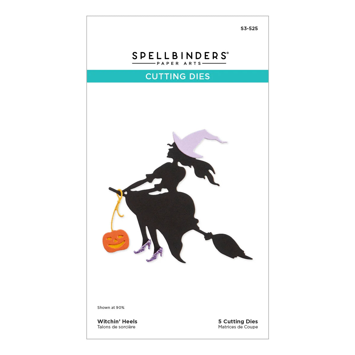 spellbinders witchin' heels die set packaging with silhouette of a black witch on a broom and a jack o lantern.