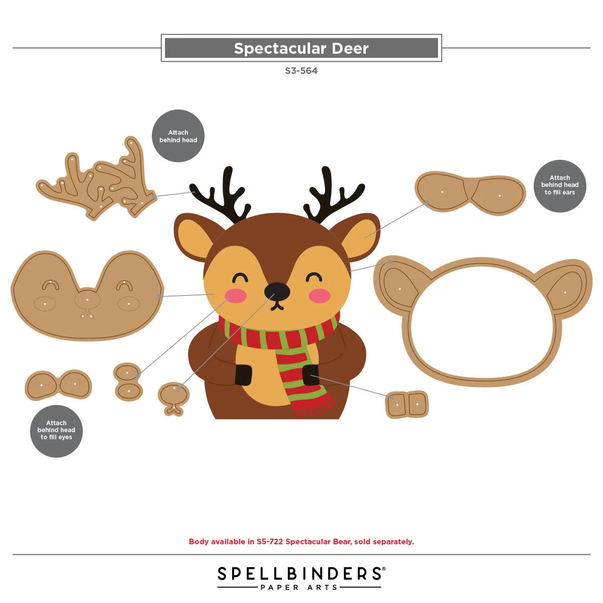 Spectacular Deer paper craft kit with parts labeled, featuring Spellbinders Paper Arts branding.