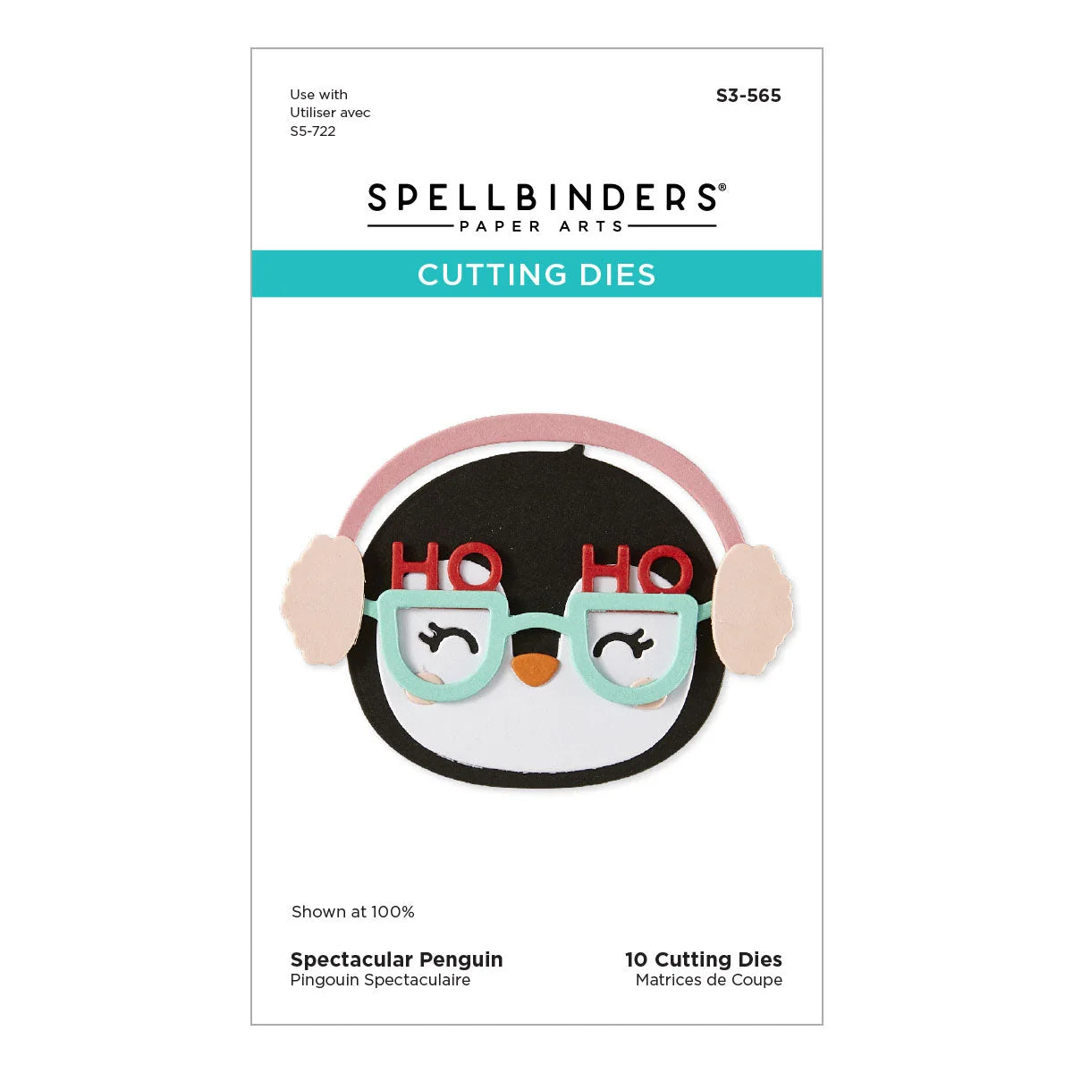 Spellbinders Paper Arts Cutting Dies package for S-566, featuring a penguin wearing pink earmuffs and light blue glasses with red 'HO HO' lettering, on a white background.