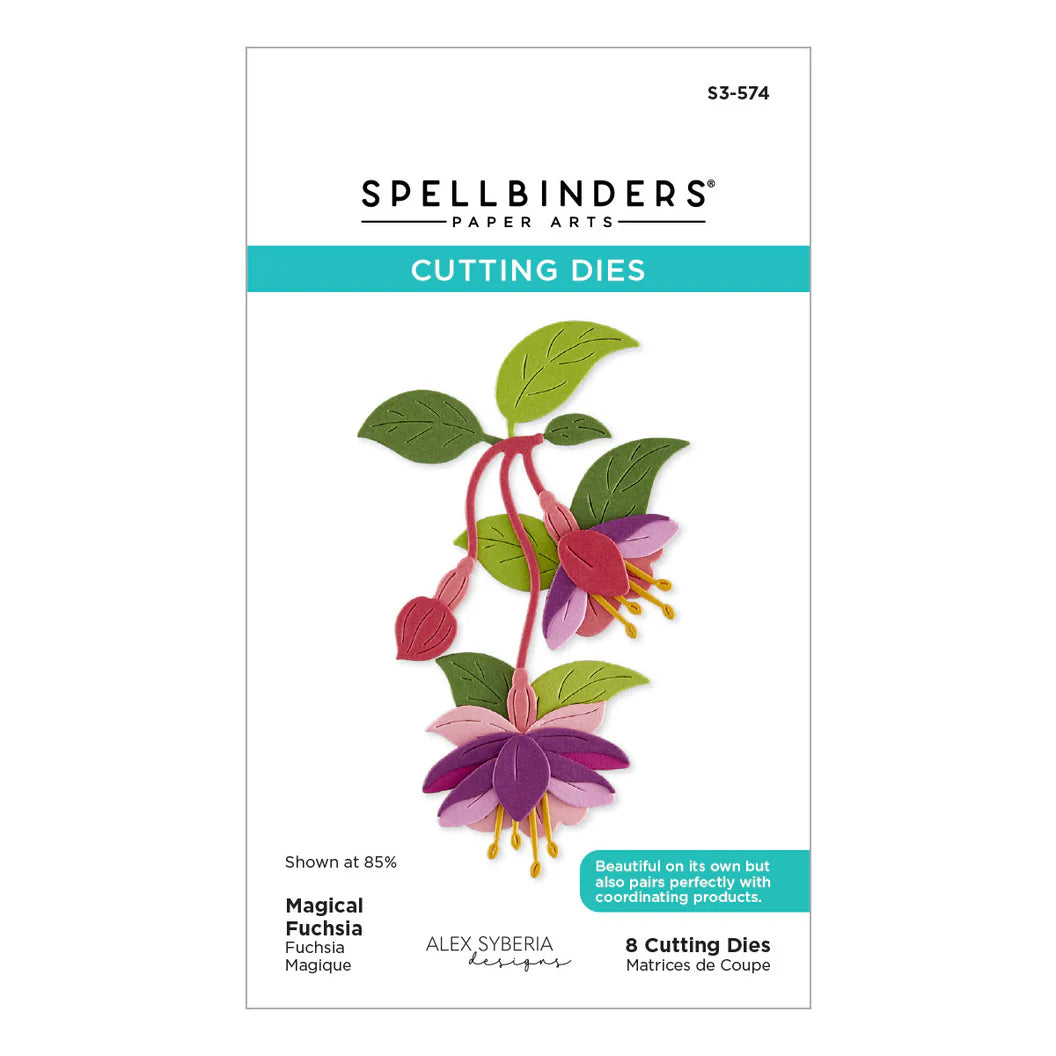 Spellbinders paper arts cutting dies packaging with fuchsia flowers on a white background