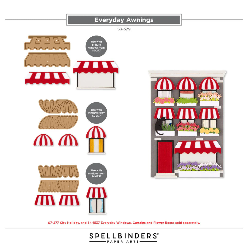 Collection of everyday awnings and window display ideas by Spellbinders on a white background.